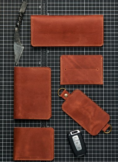 handmade leather accessories, matched in one color, fashion, key holder, wallet, business card holder in red brown color