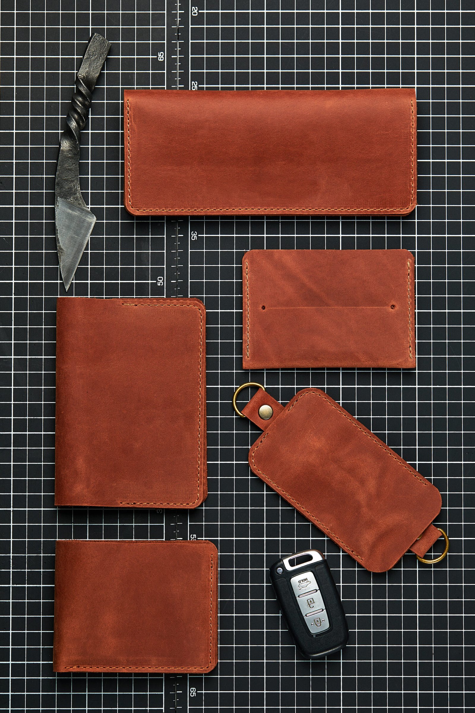 handmade leather accessories, matched in one color, fashion, key holder, wallet, business card holder in red brown color